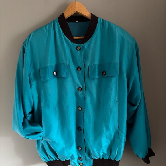 Vintage Turquoise Silk Bomber Jacket - Picture 2 of 16